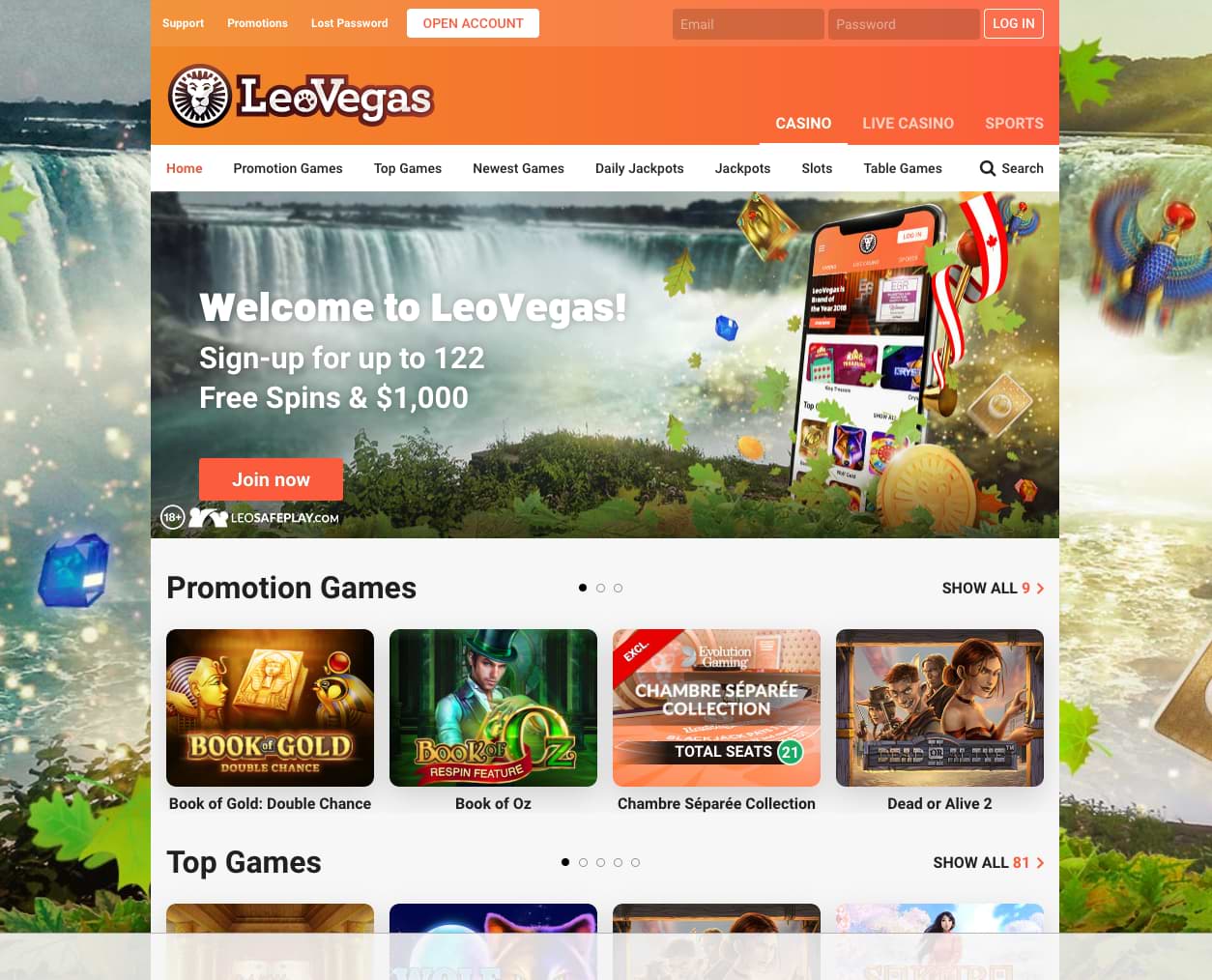 LeoVegas Online Casino Canada Review Home screenshot